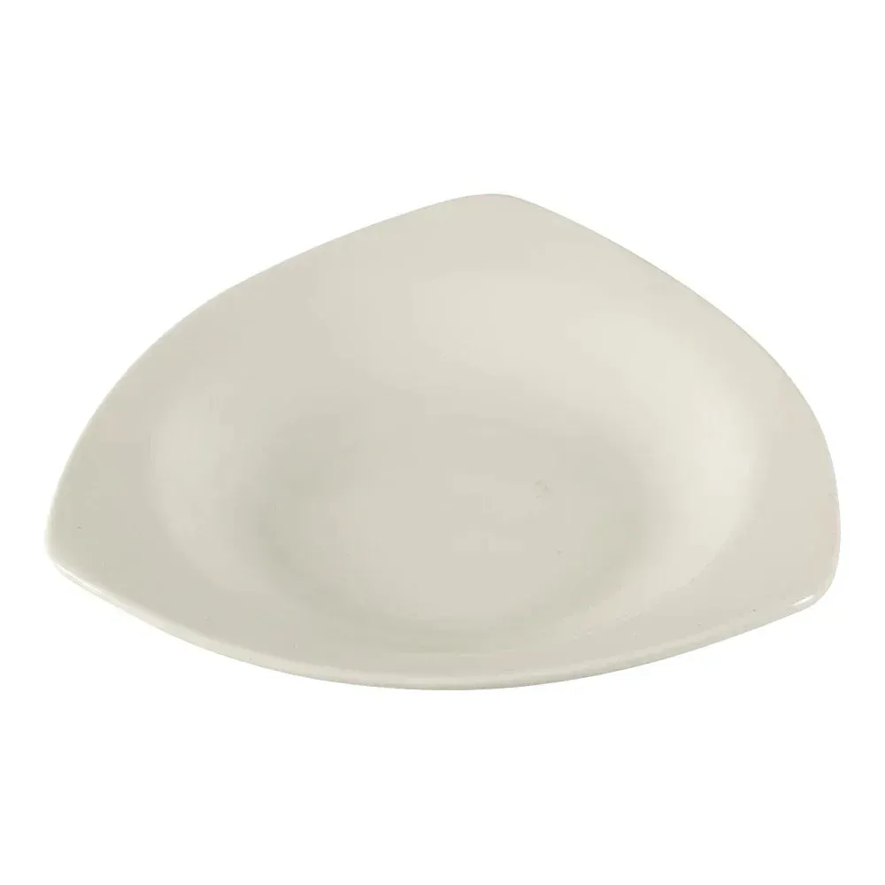 Unique white chinaware triangle pasta bowl by Yanco China with deep center, offering a contemporary and elegant way to present pasta or fresh salads.