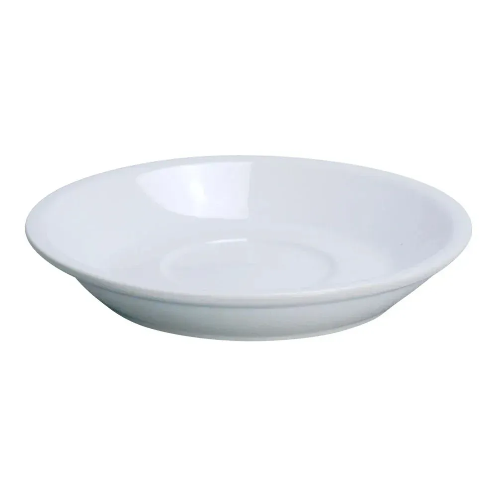 Classic white chinaware saucer from Yanco China, crafted to pair with a cappuccino cup for complete and stable coffee service in cafes or bistros.