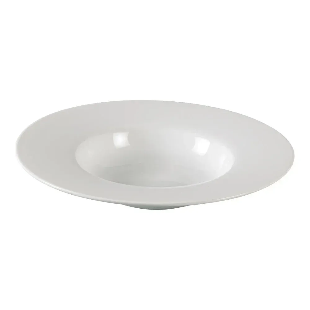 Elegant white chinaware pasta plate from Yanco China with wide sloping rim and deep center, ideal for showcasing pasta dishes with ample sauce.