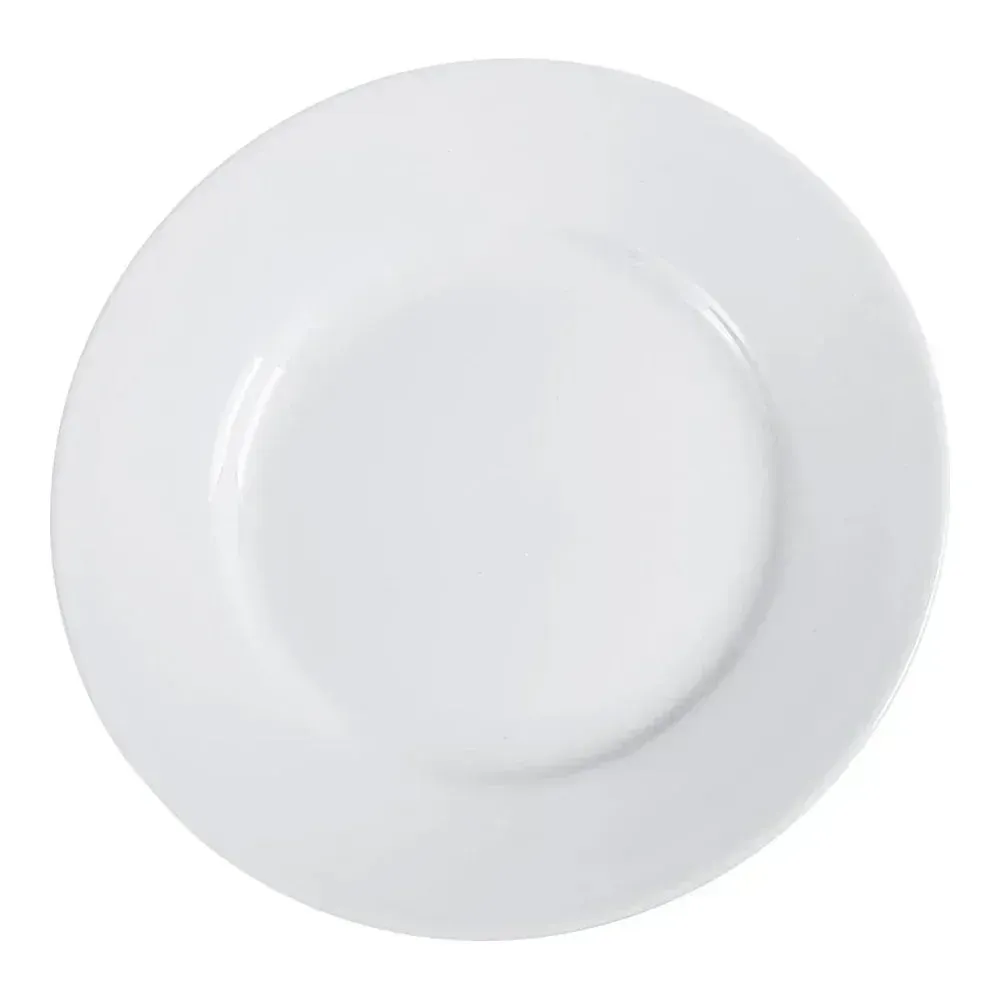 Small white chinaware bread plate from Yanco China with a clean design, a staple for any table setting, ideal for rolls or small appetizers.