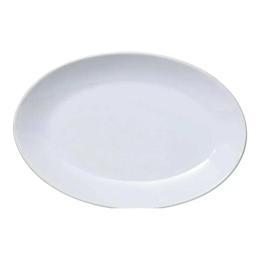 Large white chinaware deep coupe platter from Yanco China heaped with roasted vegetables and dips, serving as a stylish modern buffet centerpiece.