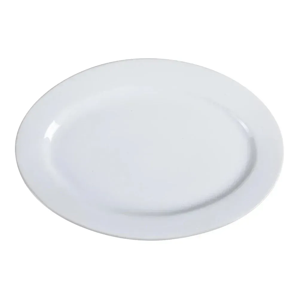 Very large durable white chinaware oval platter from Yanco China, offering a classic and spacious surface for family-style meals or appetizers.