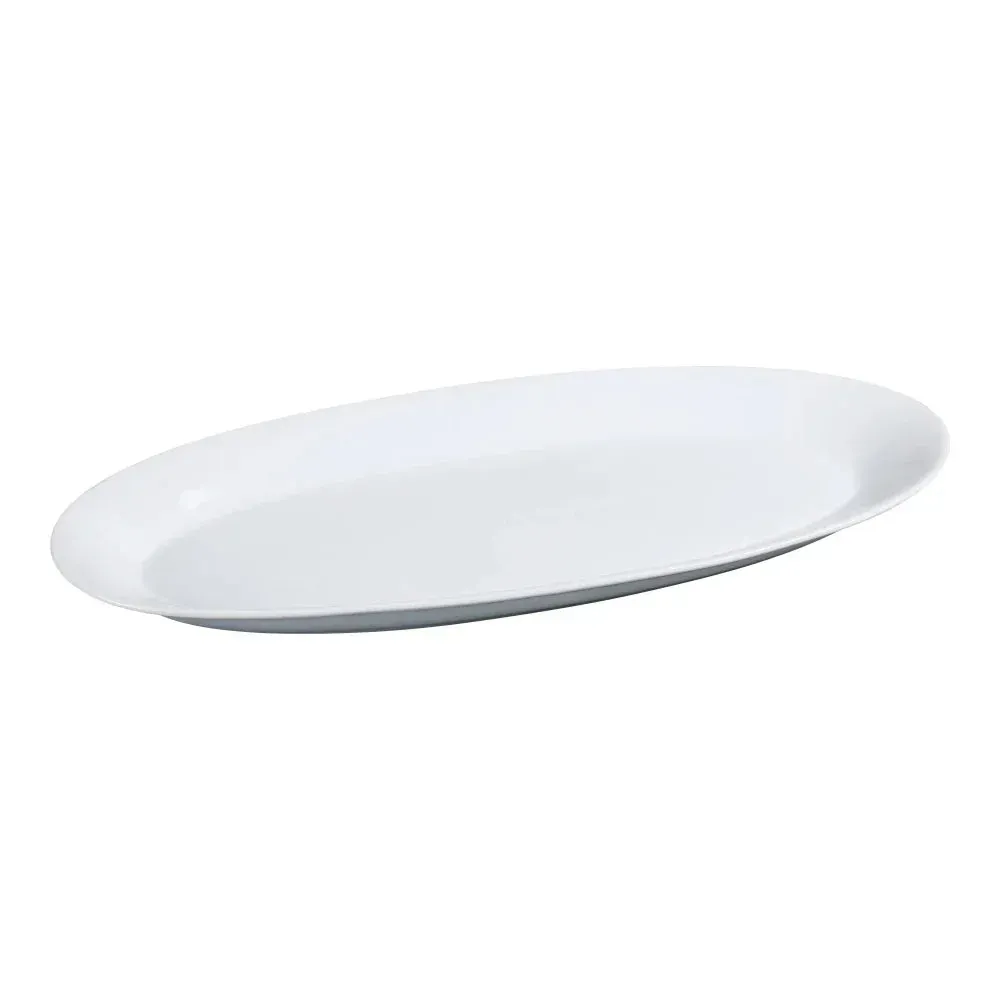 Medium white chinaware fish platter by Yanco China with seared salmon and asparagus, ideal for banquets, buffets, or elegant restaurant dinners.