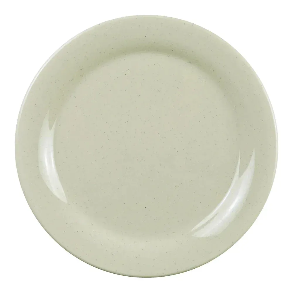 Crisp white round melamine dinner plate on linen napkin with flatware from Yanco China, ideal for fast-casual dining or catering service lines.