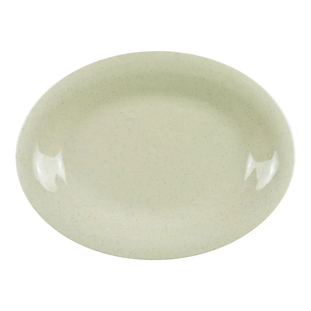 Oval melamine platter from Yanco China, ideal for elegant serving in restaurants or events, finished with a smooth durable glaze for lasting appeal.
