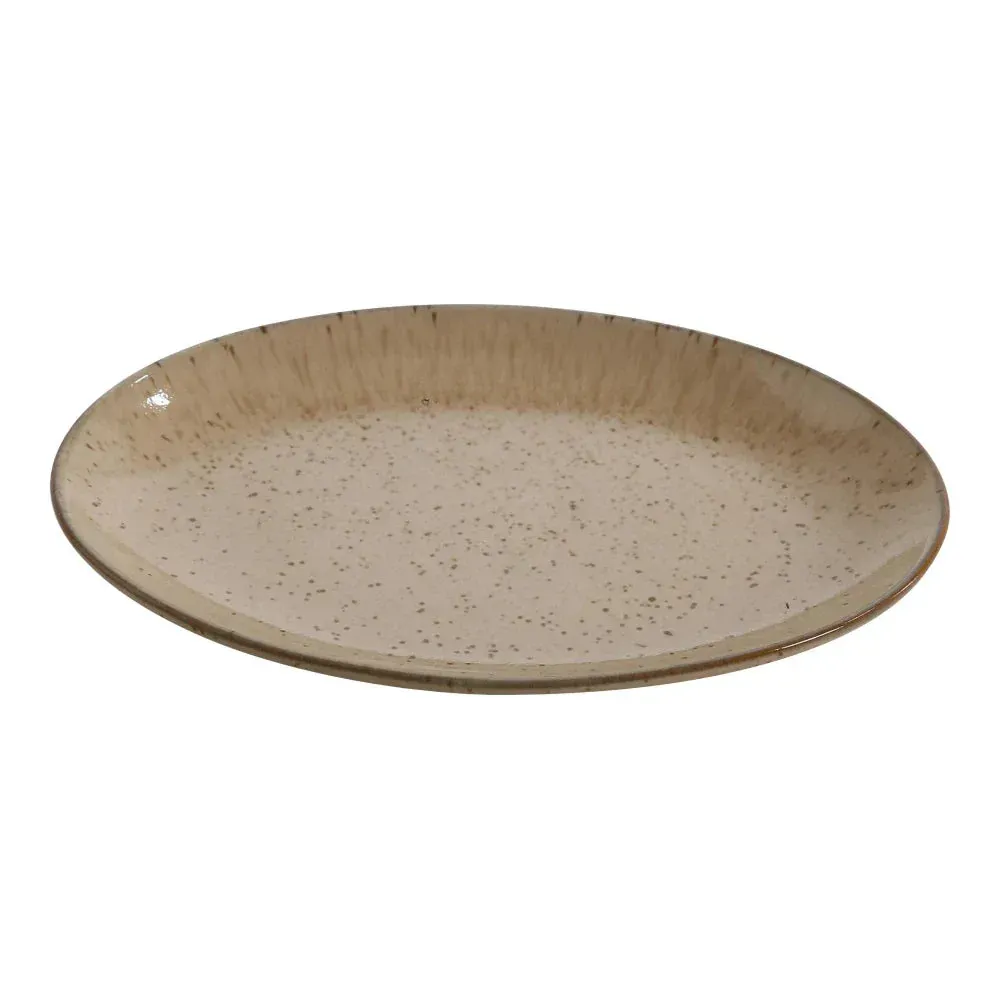 Round coupe plate by Yanco China with a lovely speckled pattern, suitable for serving main courses, salads, or side dishes, blending elegance.