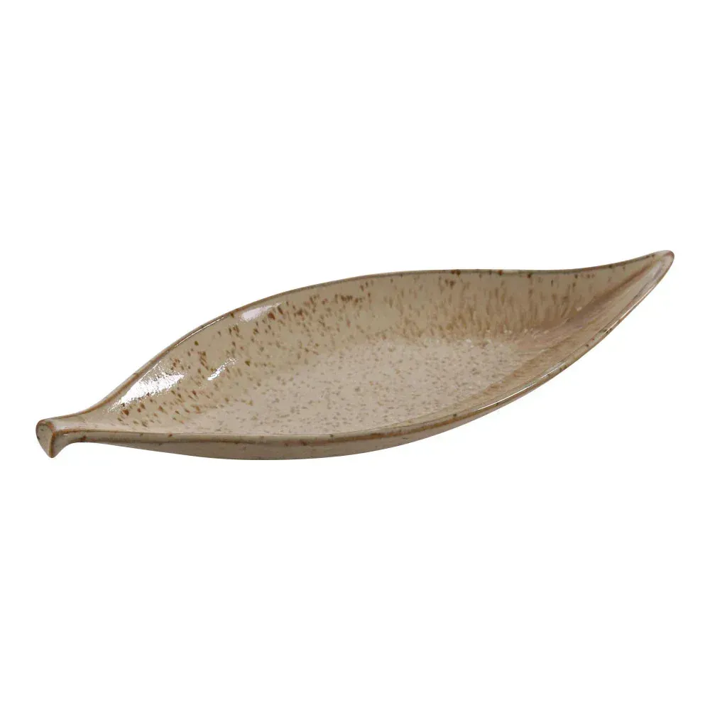 Leaf shaped salad plate by Yanco China with a charming speckled pattern, perfect for serving fresh salads or delicious desserts in an elegant style.