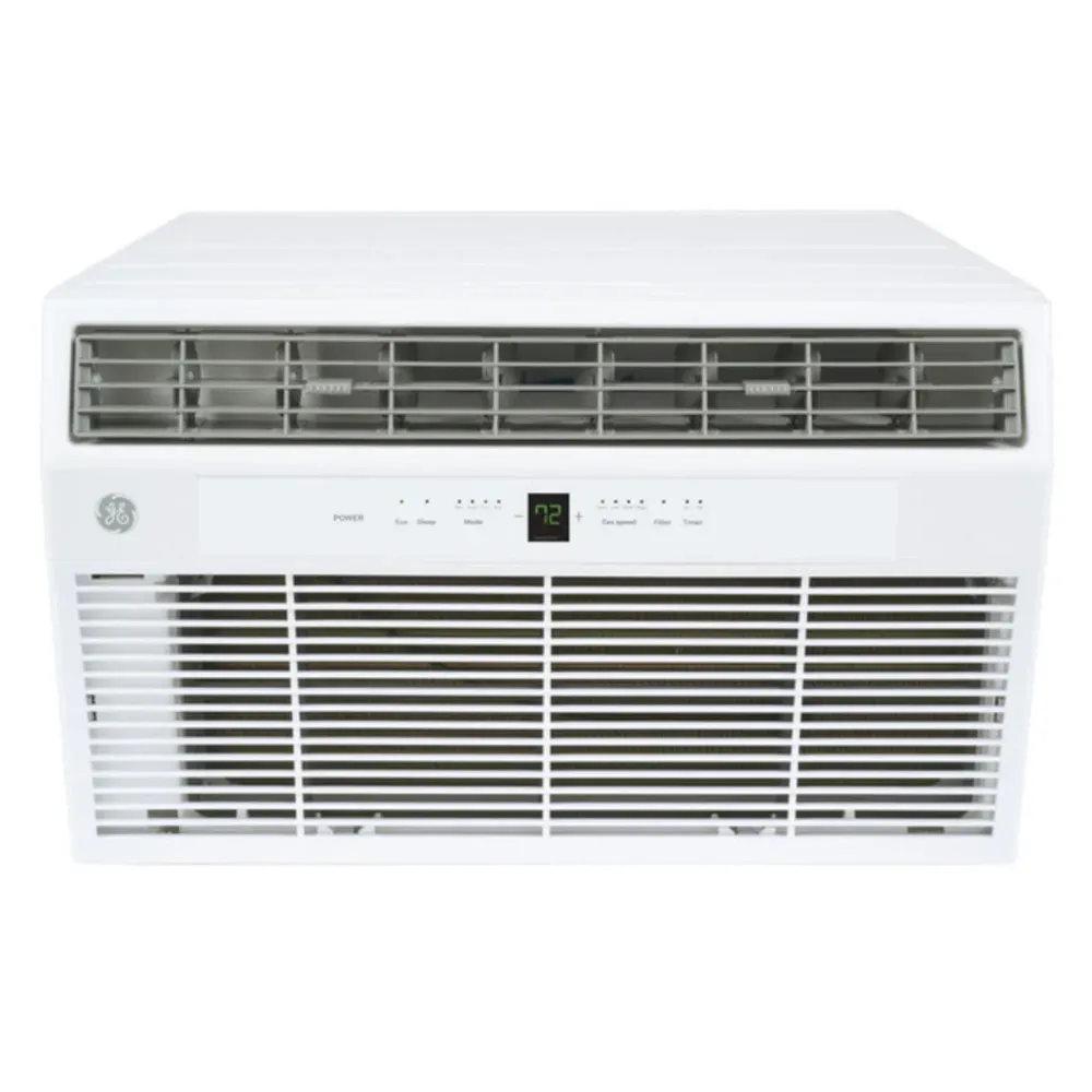 GE thru-the-wall air conditioner with 3-speed fan, large LCD display, infrared remote, and narrow-frame grille for unobtrusive, efficient cooling.