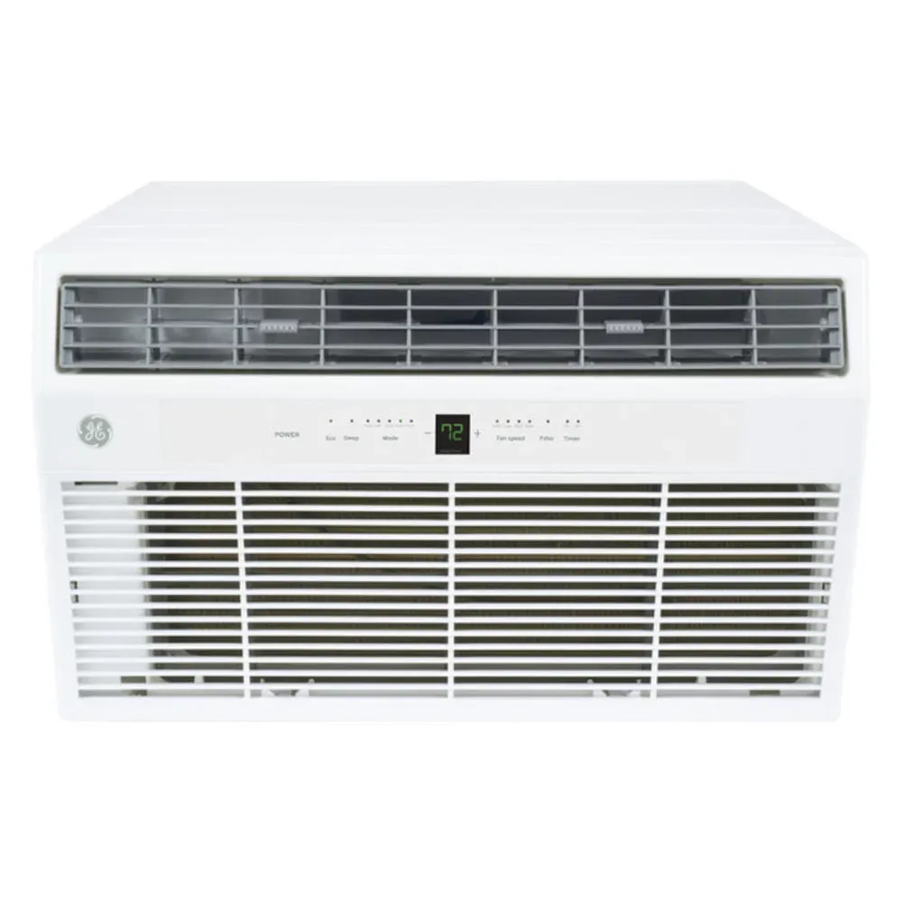 GE built-in thru-wall air conditioner, large LCD display, multi-directional airflow, and sleek front for quiet, efficient room cooling.