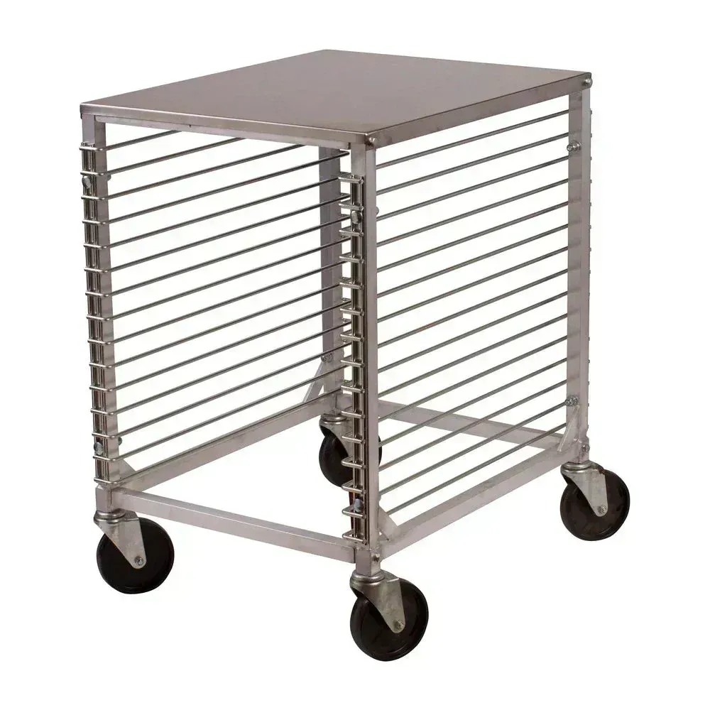 Fifteen tier aluminum rack by Winco with a sturdy worktop holds trays of fresh pastries in a bustling bakery, built for daily commercial use.