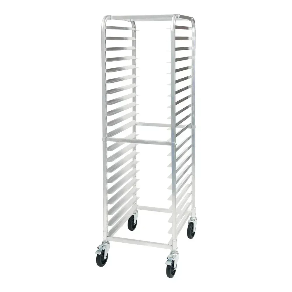 Black aluminum sheet pan rack with twenty tiers by Winco neatly holds fresh bakery trays, combining sleek design with reliable capacity.