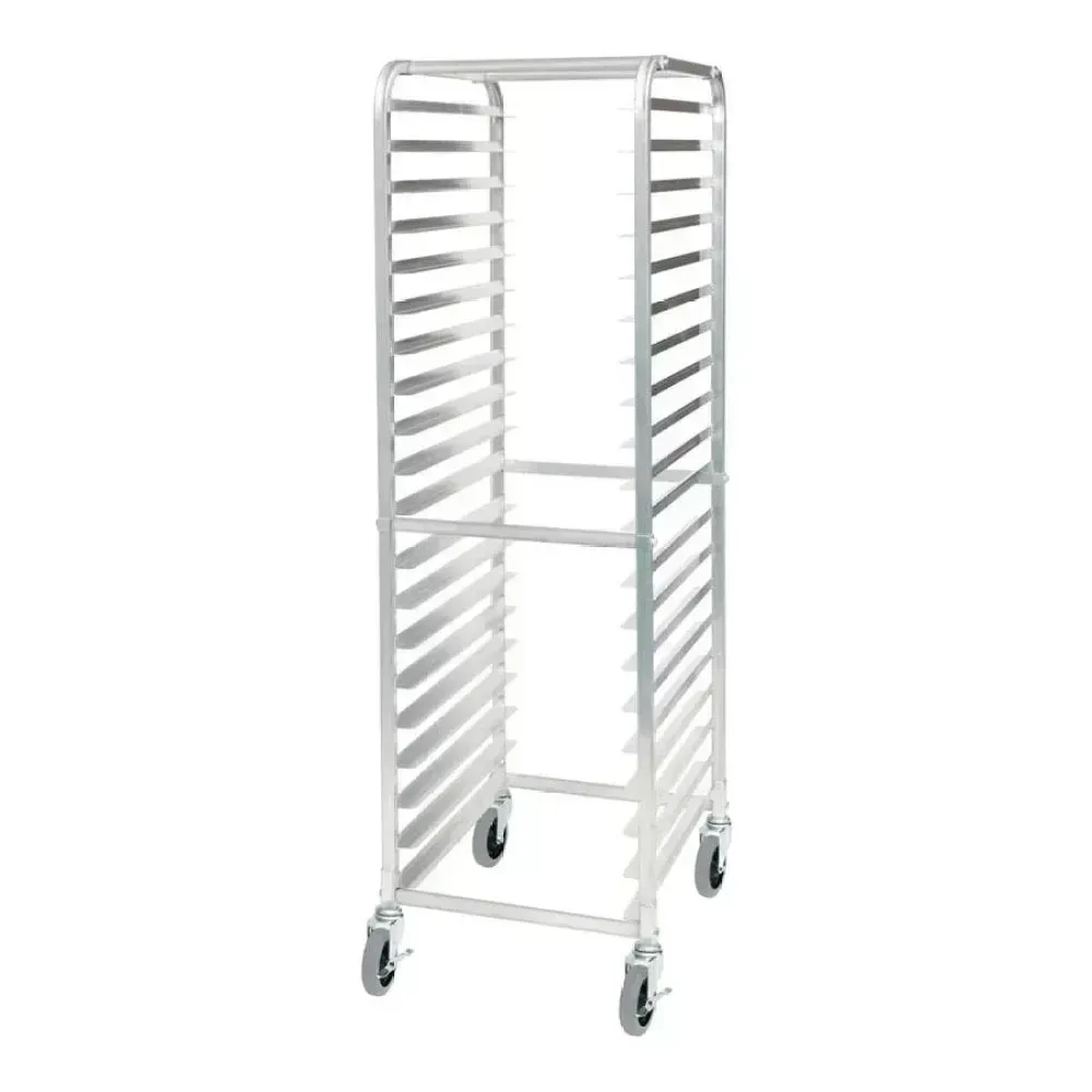 Rotating aluminum sheet pan rack by Winco with twenty tiers provides quick access to baked goods beside active prep stations.