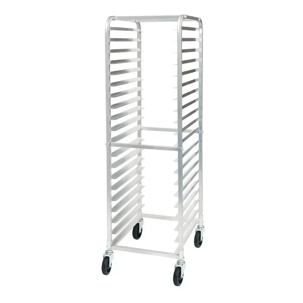 Tall aluminum sheet pan rack with twenty tiers from Winco stands sturdy in commercial kitchens, ideal for transporting large batches.