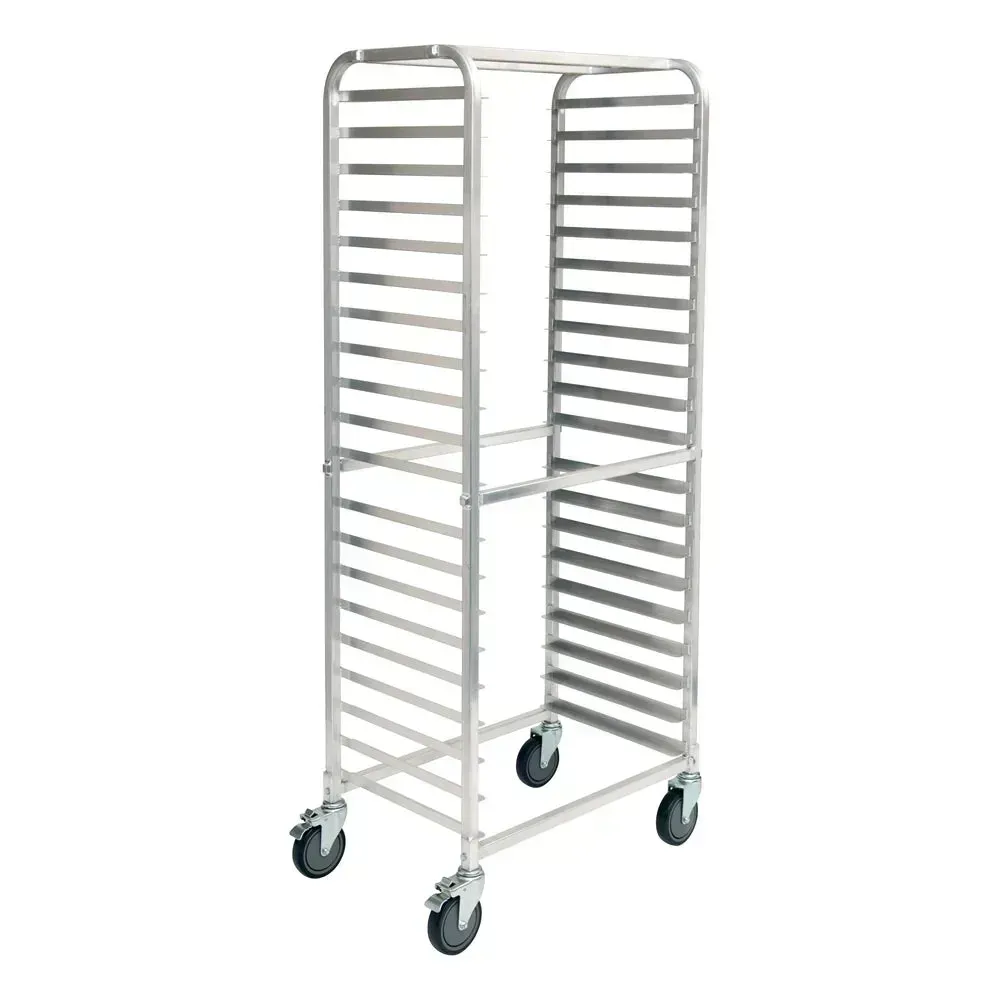 Side load aluminum rack with twenty tiers from Winco stands beside a stainless work table, streamlining tray access in fast paced kitchens.