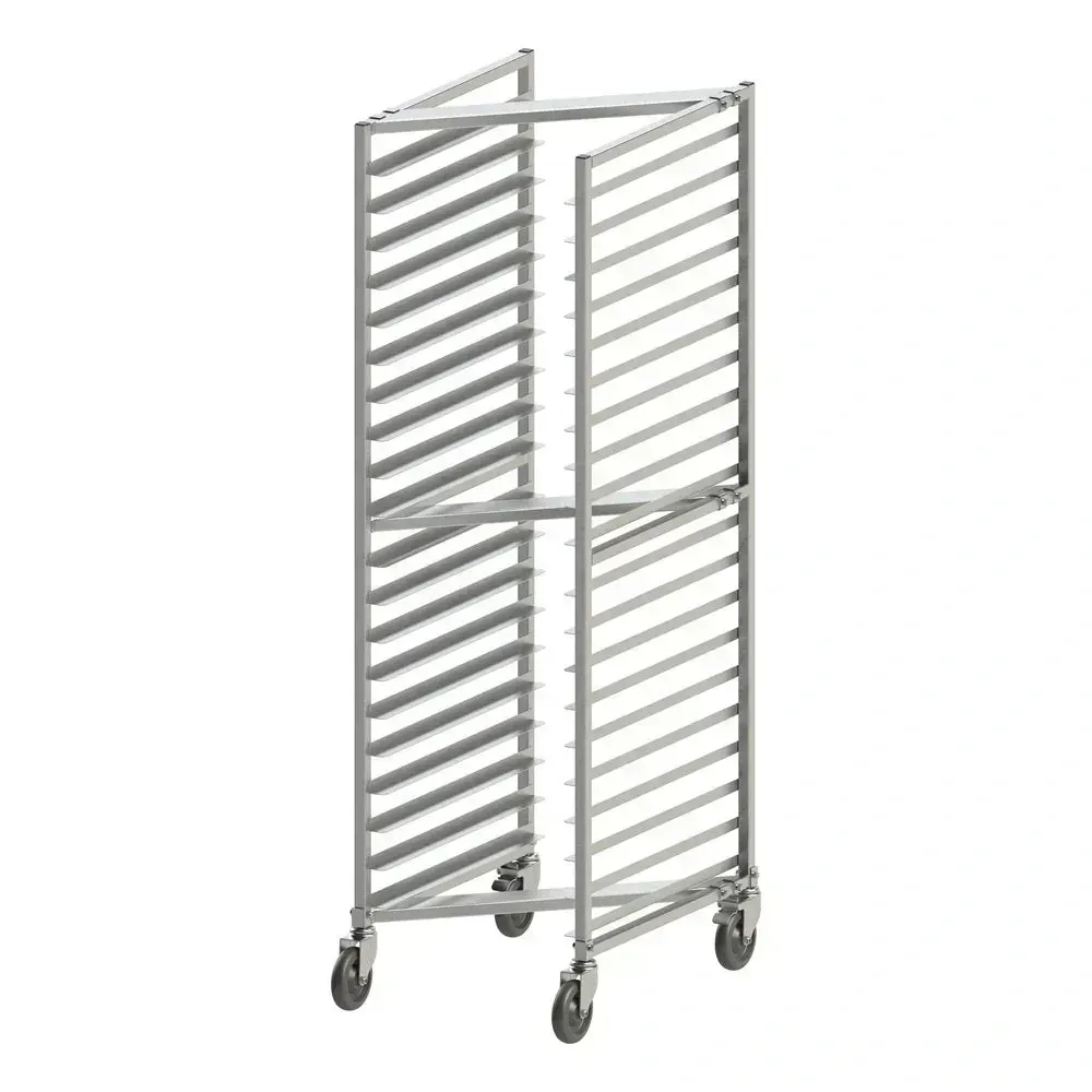 Black aluminum sheet pan rack with twenty tiers from Winco stands tall beside a stainless steel workbench, built for high volume kitchens.