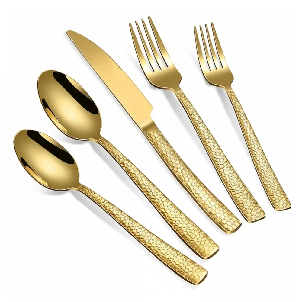 ServeCraft Series Stainless Steel Cutlery Set, Gold Hammered, Service for 8, 40 Pieces