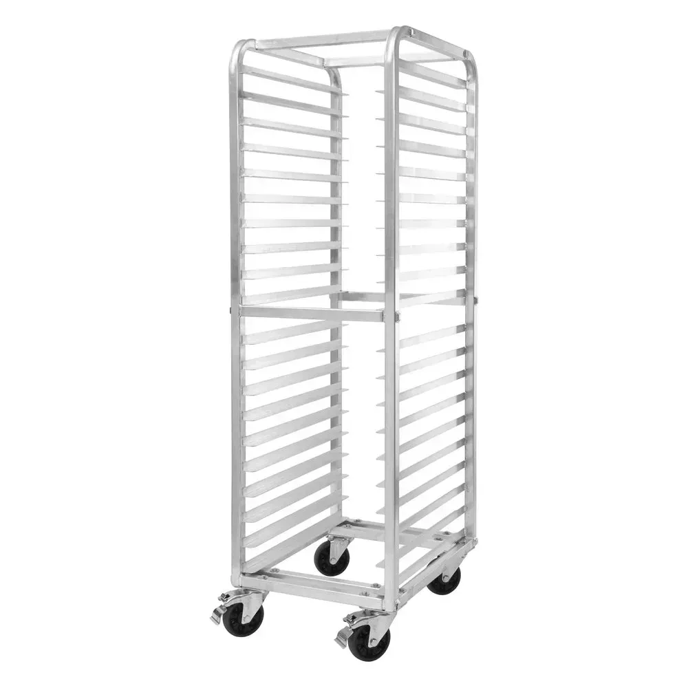 Multi tier aluminum sheet pan rack from Winco, filled with fresh bakery trays, sits in a busy commercial kitchen, maximizing space and access.