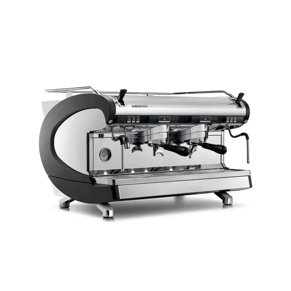 Nuova Simonelli two-group espresso machine with digital display and stainless steel body delivers programmable shots and compact, durable performance.