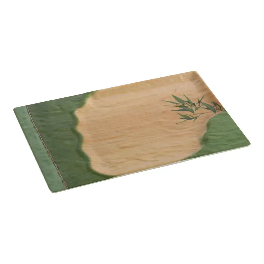 Melamine rectangular plate from Yanco China with a bamboo finish, ideal for casual dining, perfect for presenting appetizers or small plates.