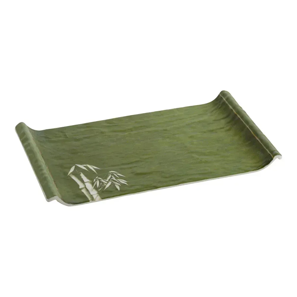 Large melamine display plate by Yanco China featuring a bamboo look and clean lines, ideal for serving entrée portions or curated presentations.