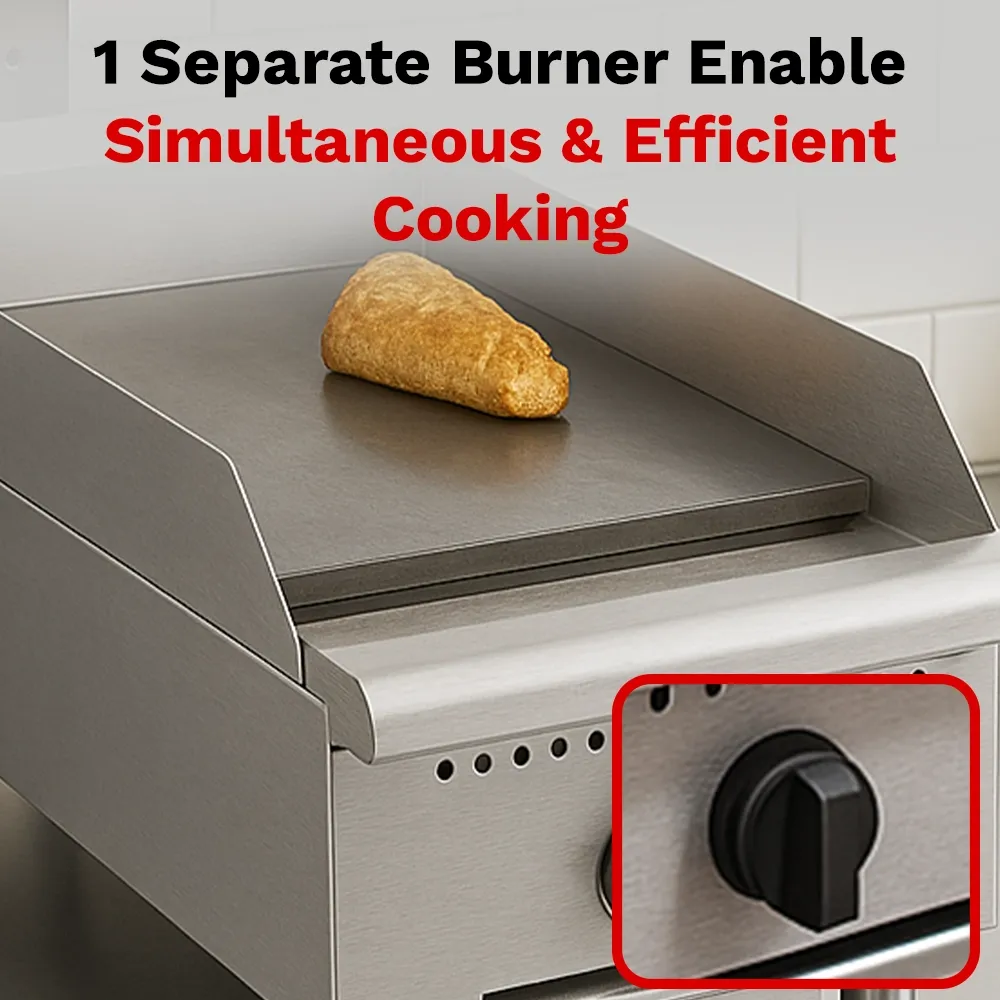 BakeMax Fifteen-inch gas griddle with compact countertop design, perfect for small cafés serving burgers or eggs daily, featuring fast warm-up time.