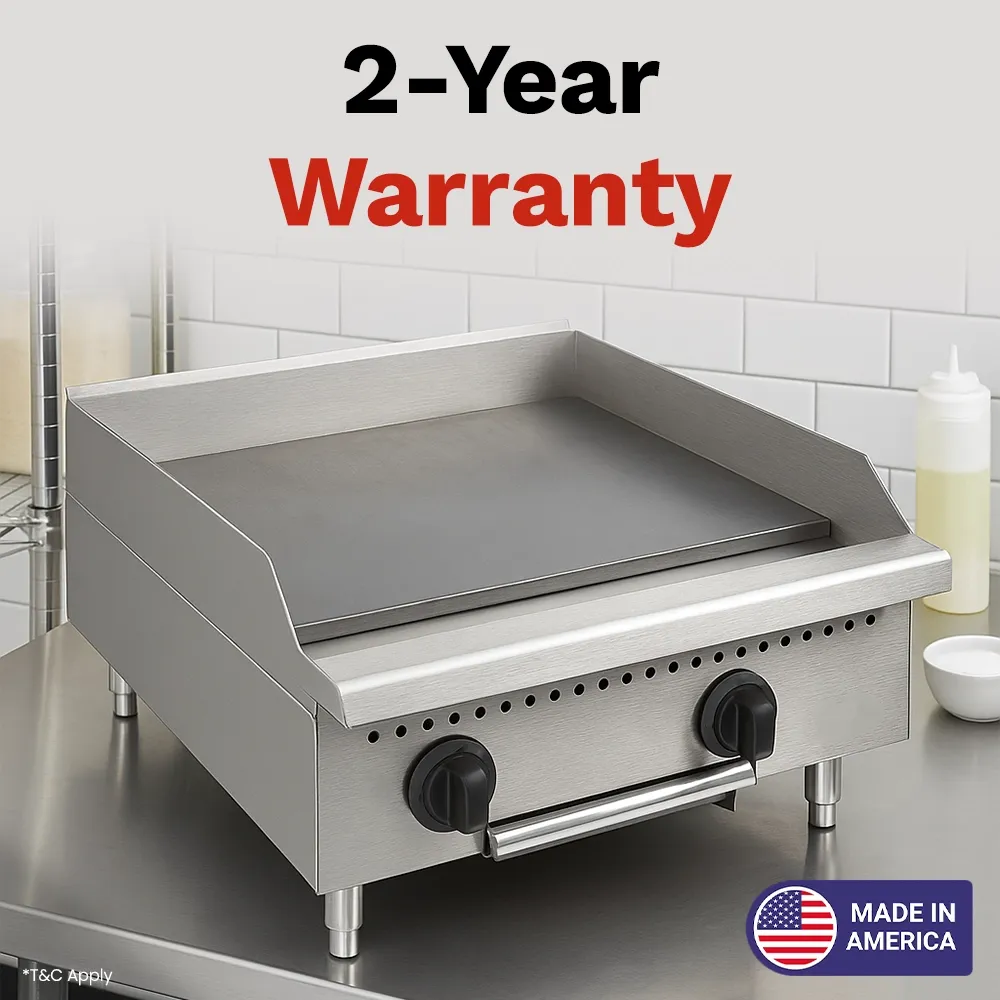 BakeMax 24-inch flat-top gas griddle with durable build, fits food trucks or compact kitchens needing reliable and easy-to-clean cooking surface.