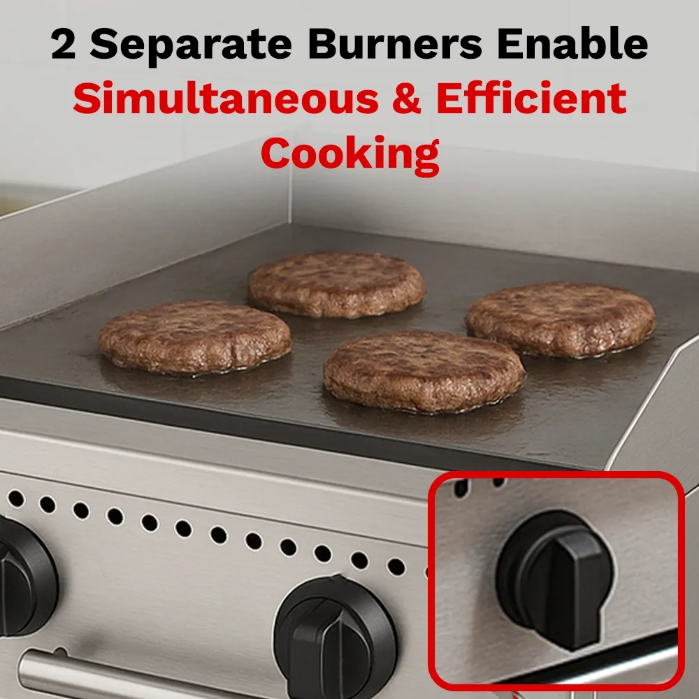 BakeMax 24-inch flat-top gas griddle with durable build, fits food trucks or compact kitchens needing reliable and easy-to-clean cooking surface.