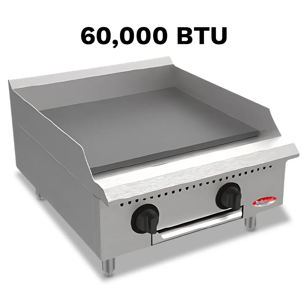 BakeMax 24-inch flat-top gas griddle with durable build, fits food trucks or compact kitchens needing reliable and easy-to-clean cooking surface.