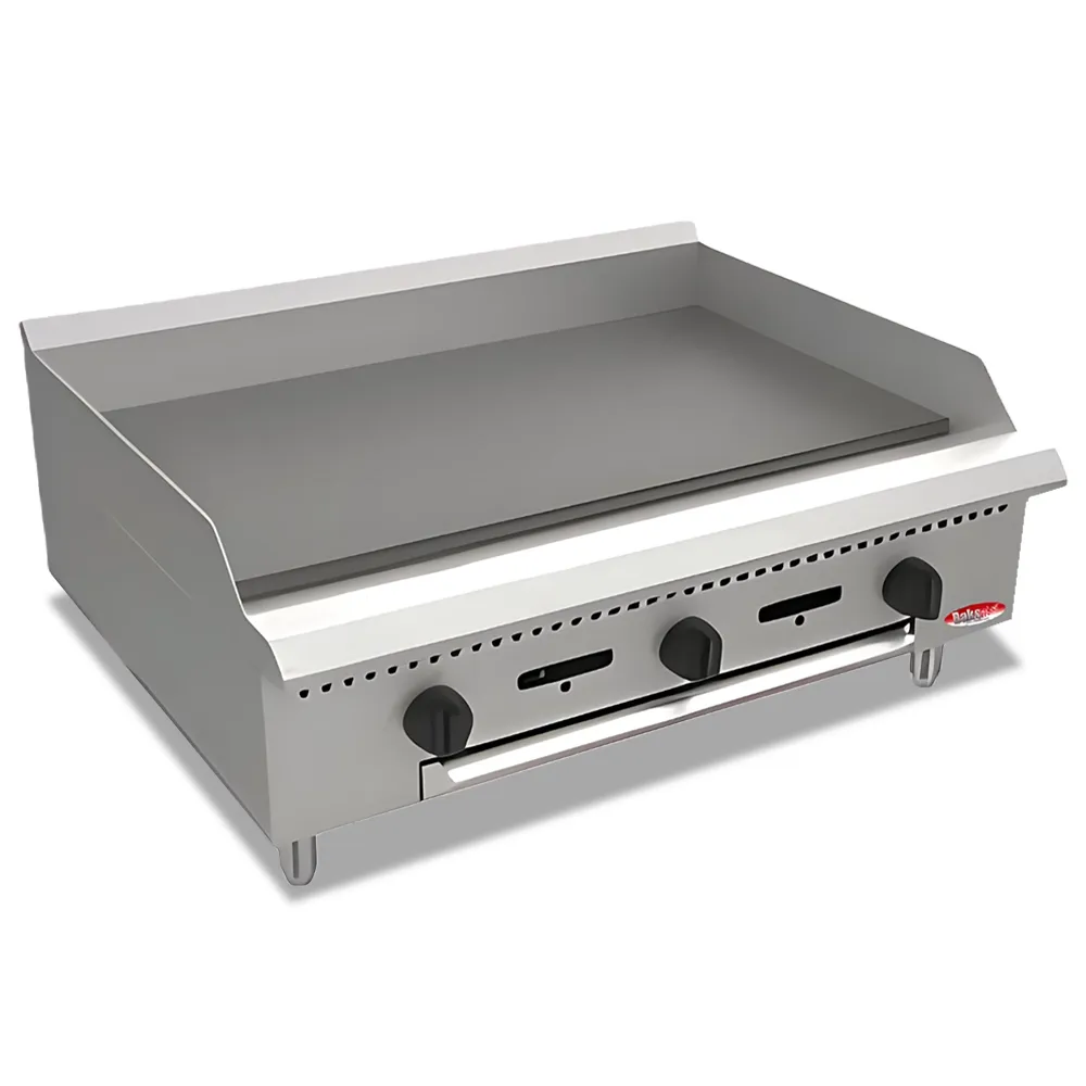 BakeMax 36-inch heavy-duty gas griddle with manual controls and solid construction, designed for compact, high-output grilling and long-lasting use.