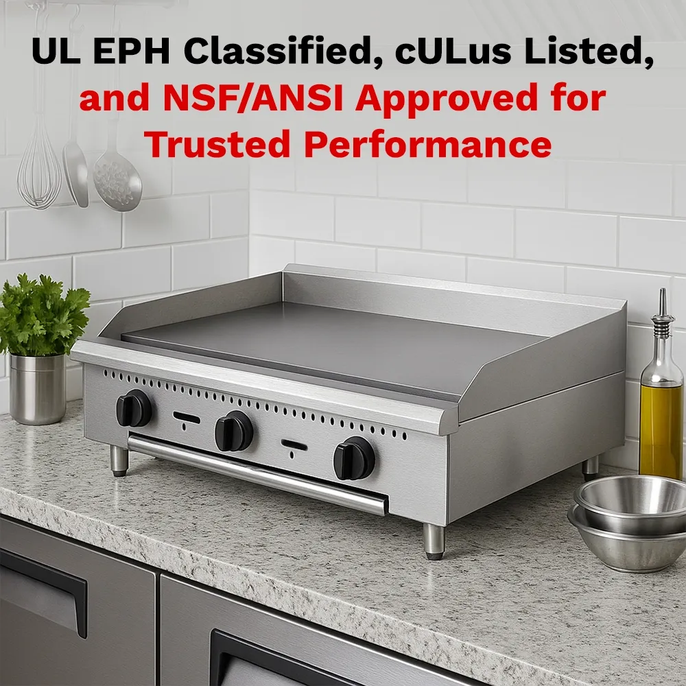 BakeMax 36-inch heavy-duty gas griddle with manual controls and solid construction, designed for compact, high-output grilling and long-lasting use.