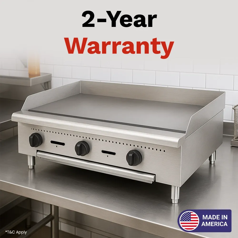 BakeMax 36-inch heavy-duty gas griddle with manual controls and solid construction, designed for compact, high-output grilling and long-lasting use.