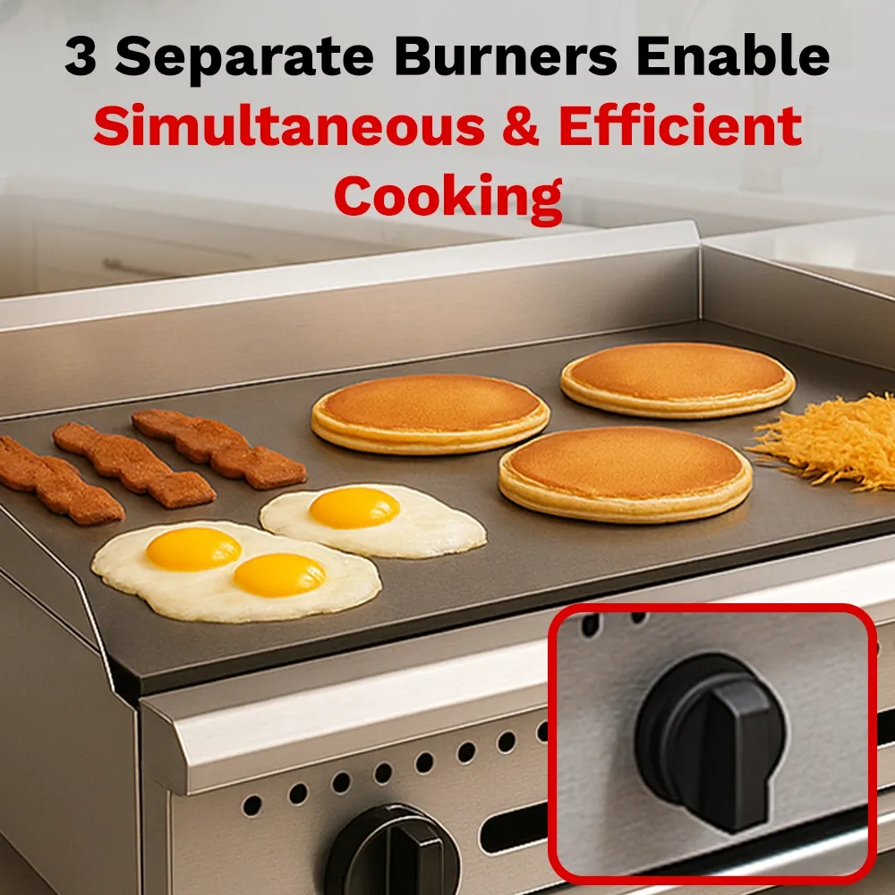 BakeMax 36-inch heavy-duty gas griddle with manual controls and solid construction, designed for compact, high-output grilling and long-lasting use.