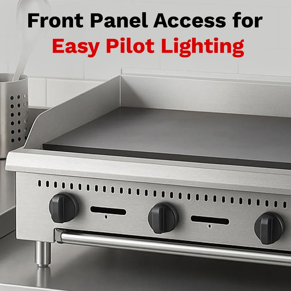 BakeMax 36-inch heavy-duty gas griddle with manual controls and solid construction, designed for compact, high-output grilling and long-lasting use.