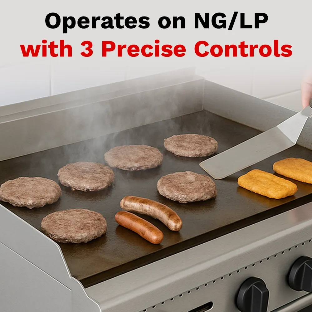 BakeMax 36-inch heavy-duty gas griddle with manual controls and solid construction, designed for compact, high-output grilling and long-lasting use.