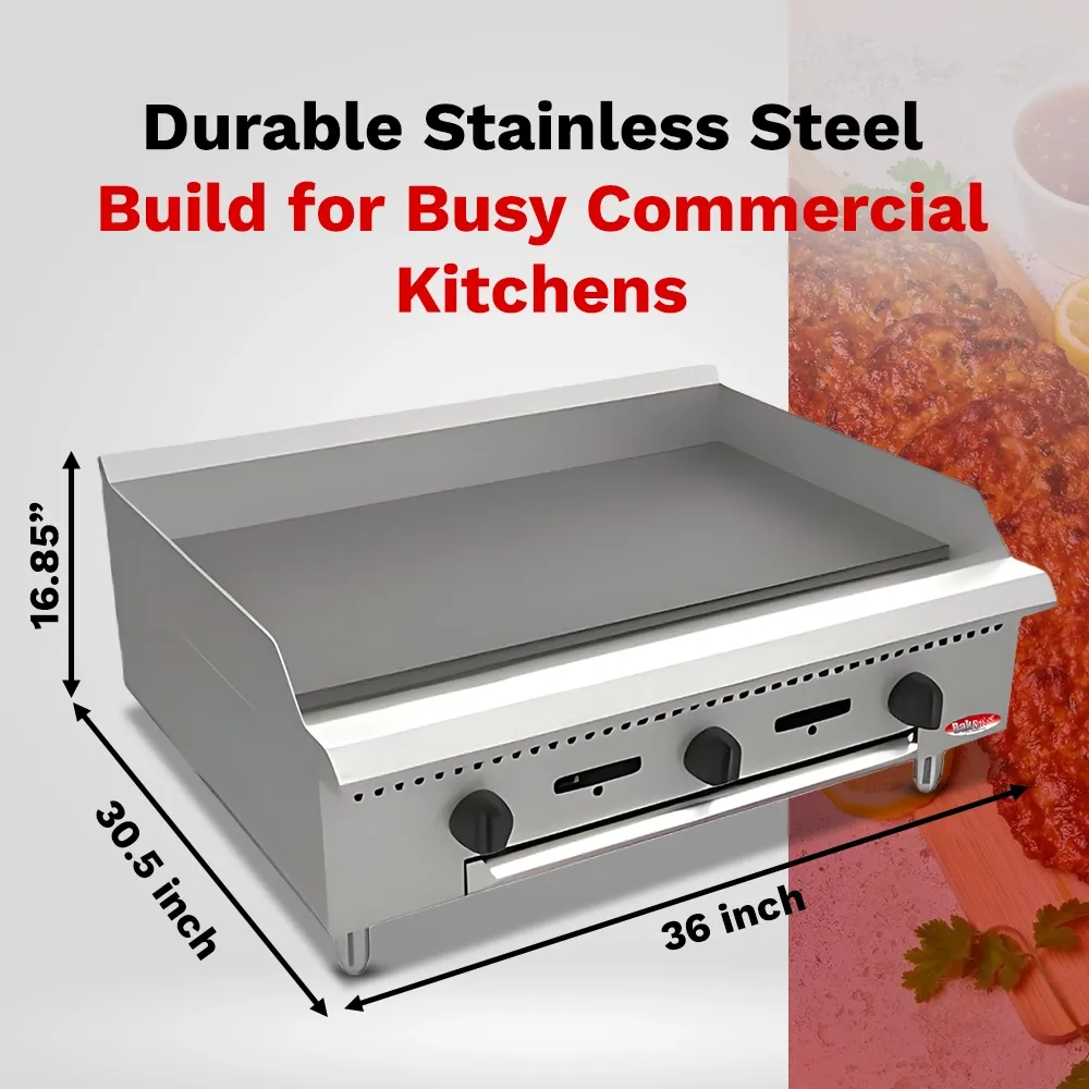 BakeMax 36-inch heavy-duty gas griddle with manual controls and solid construction, designed for compact, high-output grilling and long-lasting use.