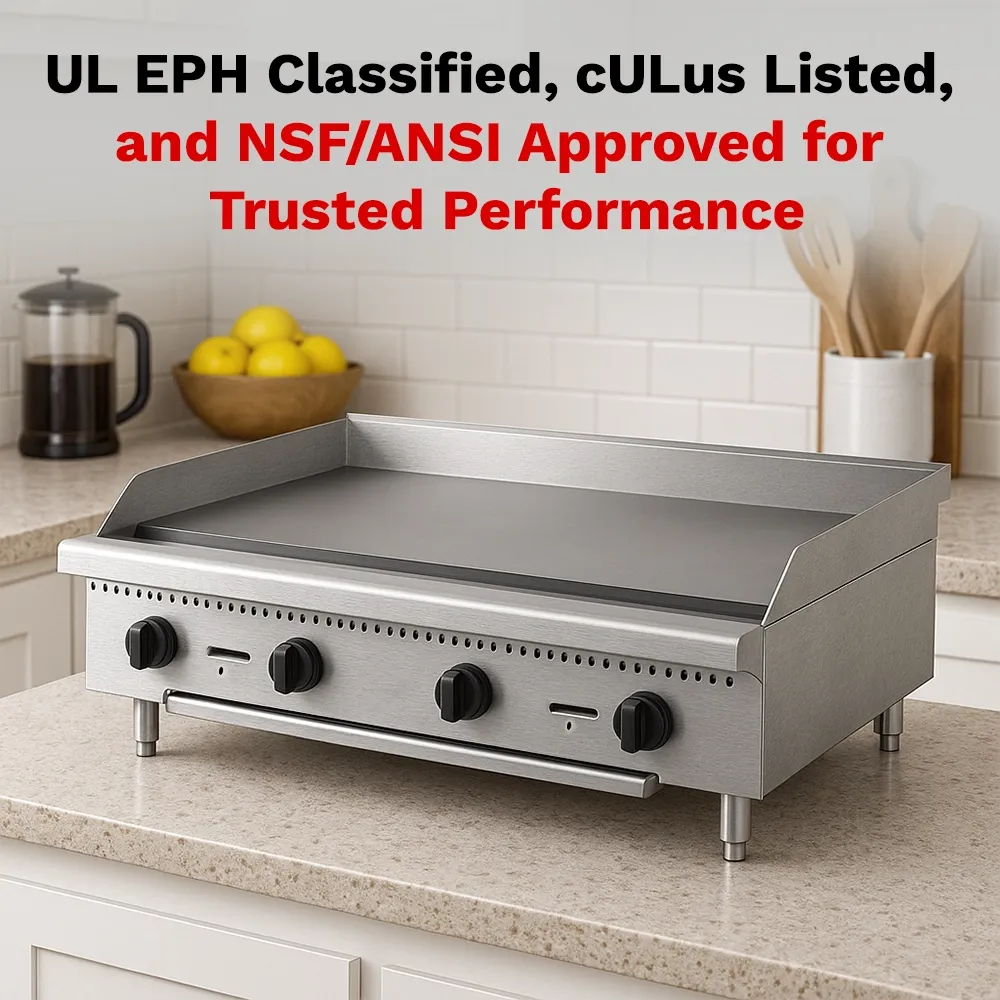 BakeMax 48 inch gas griddle with heavy-duty plate, ideal for constant use during breakfast, lunch, and dinner prep with rust-resistant body.