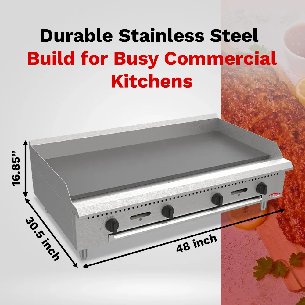 BakeMax 48 inch gas griddle with heavy-duty plate, ideal for constant use during breakfast, lunch, and dinner prep with rust-resistant body.