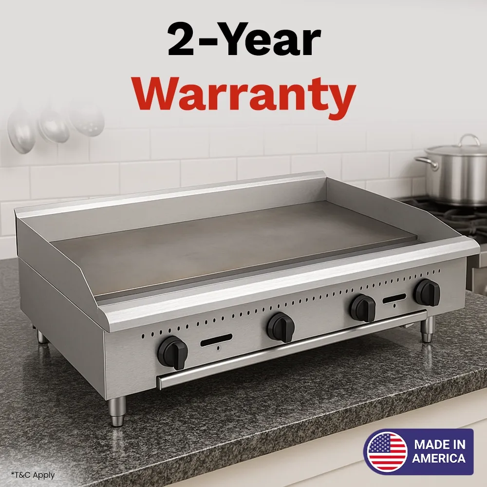 BakeMax 48 inch gas griddle with heavy-duty plate, ideal for constant use during breakfast, lunch, and dinner prep with rust-resistant body.