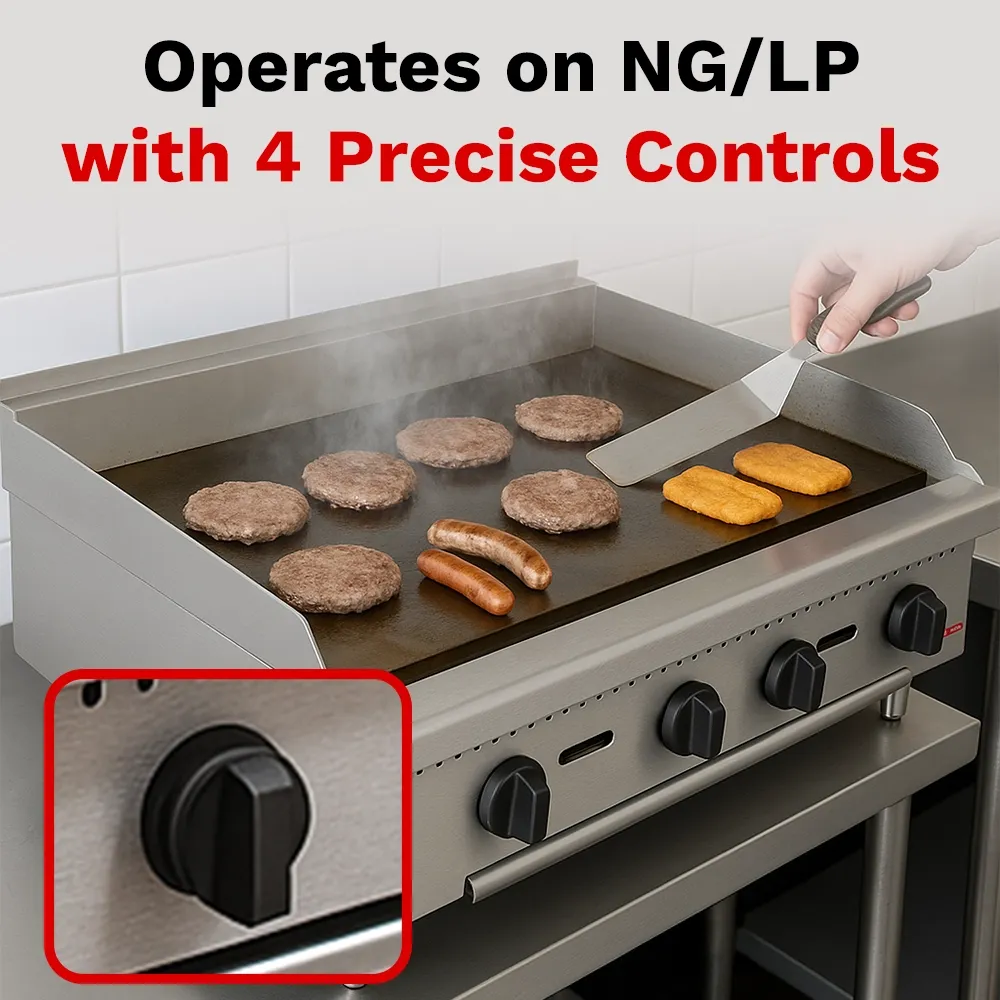 BakeMax 48 inch gas griddle with heavy-duty plate, ideal for constant use during breakfast, lunch, and dinner prep with rust-resistant body.