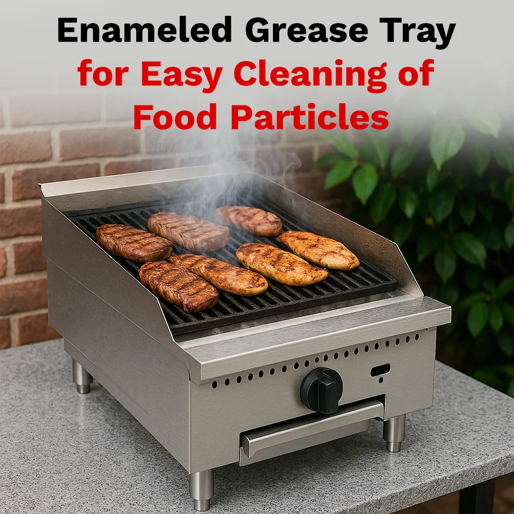 BakeMax 18 inch countertop gas charbroiler with two burners, compact unit delivering grilled flavor in small kitchens with nonstick grilling surface.