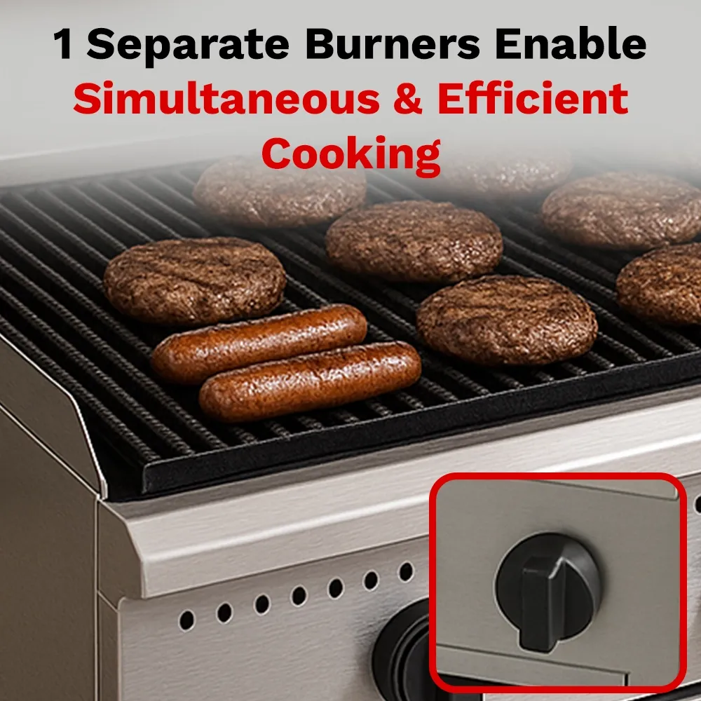 BakeMax 18 inch countertop gas charbroiler with two burners, compact unit delivering grilled flavor in small kitchens with nonstick grilling surface.