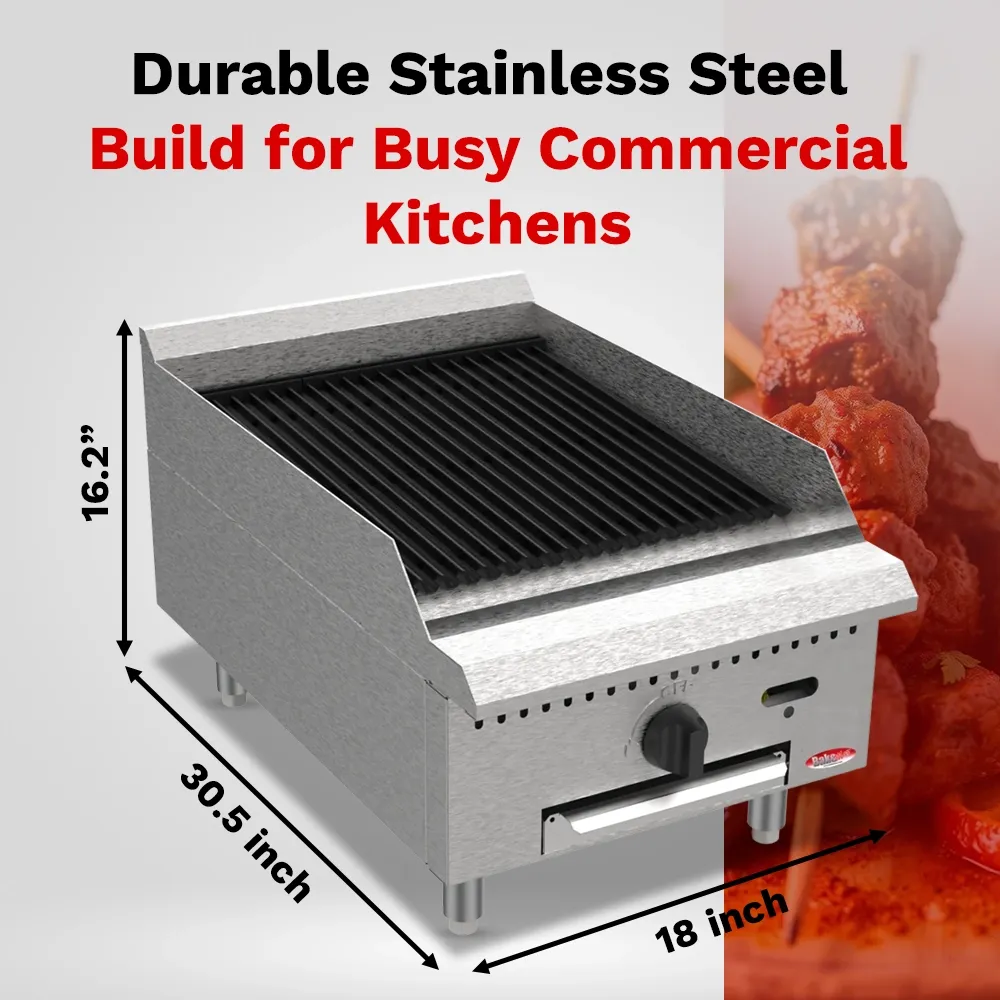 BakeMax 18 inch countertop gas charbroiler with two burners, compact unit delivering grilled flavor in small kitchens with nonstick grilling surface.
