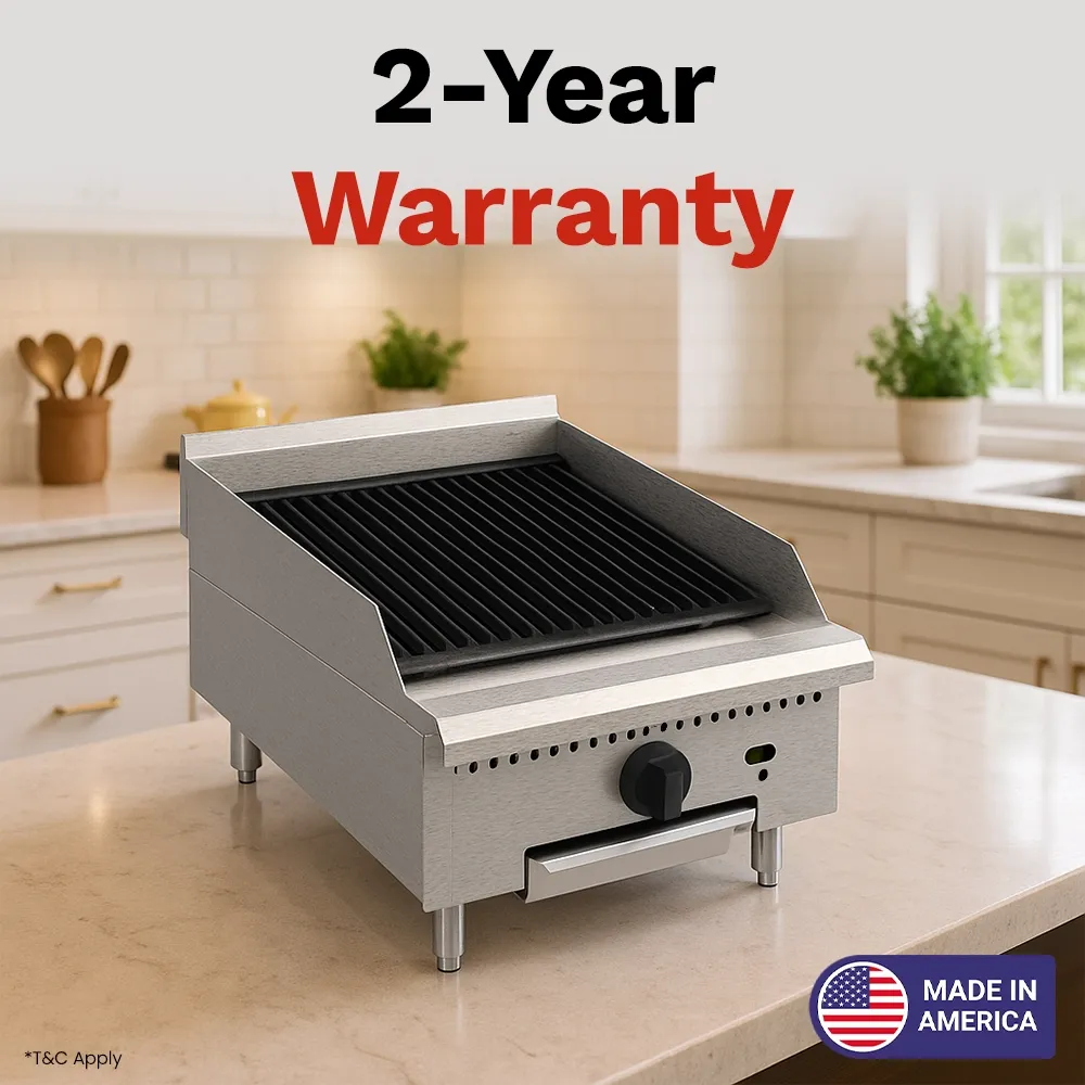 BakeMax 18 inch countertop gas charbroiler with two burners, compact unit delivering grilled flavor in small kitchens with nonstick grilling surface.