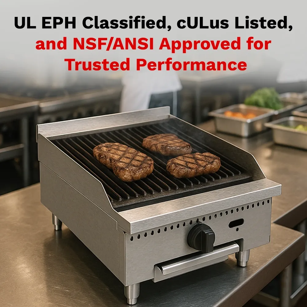 BakeMax 18 inch countertop gas charbroiler with two burners, compact unit delivering grilled flavor in small kitchens with nonstick grilling surface.