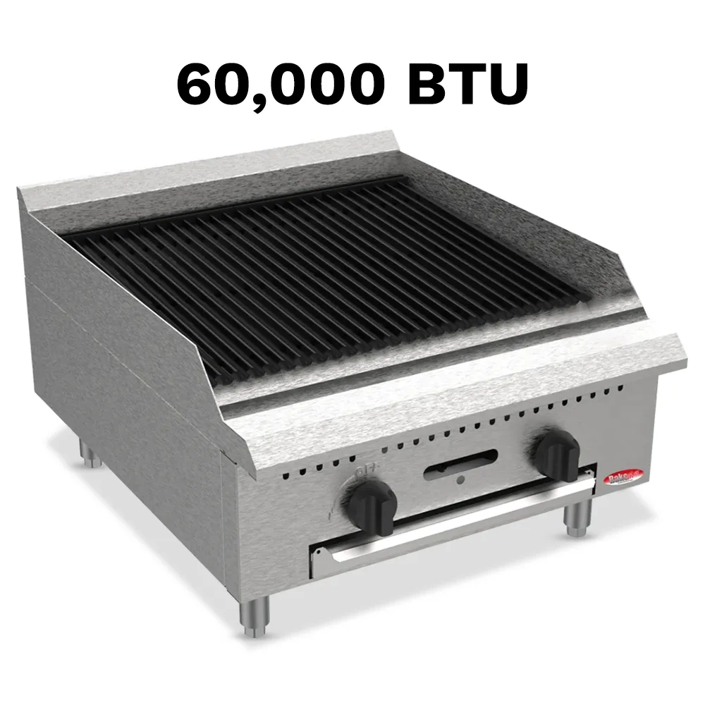 BakeMax 24 inch gas charbroiler, compact yet powerful, perfect for cafés and food counters with grilling needs, built compact for tight spaces.