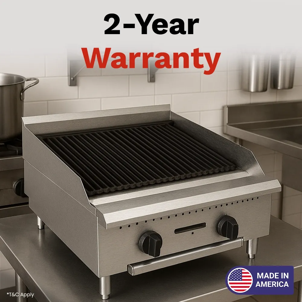 BakeMax 24 inch gas charbroiler, compact yet powerful, perfect for cafés and food counters with grilling needs, built compact for tight spaces.