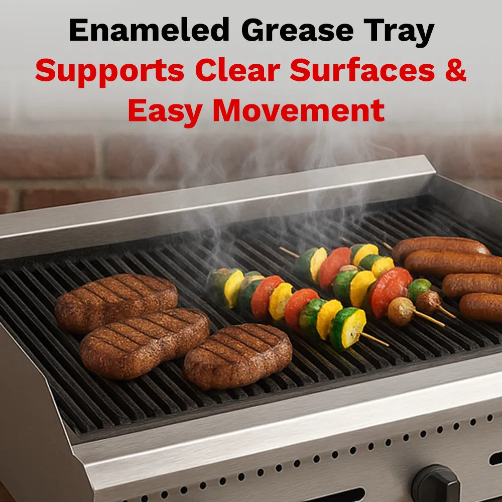 BakeMax 36 inch gas charbroiler with multiple burners and solid frame, delivers steady heat for daily grilling of burgers, skewers, or meats.