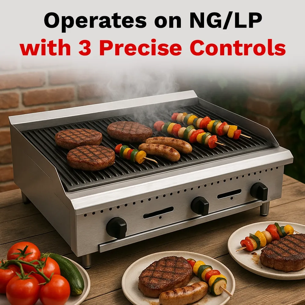 BakeMax 36 inch gas charbroiler with multiple burners and solid frame, delivers steady heat for daily grilling of burgers, skewers, or meats.