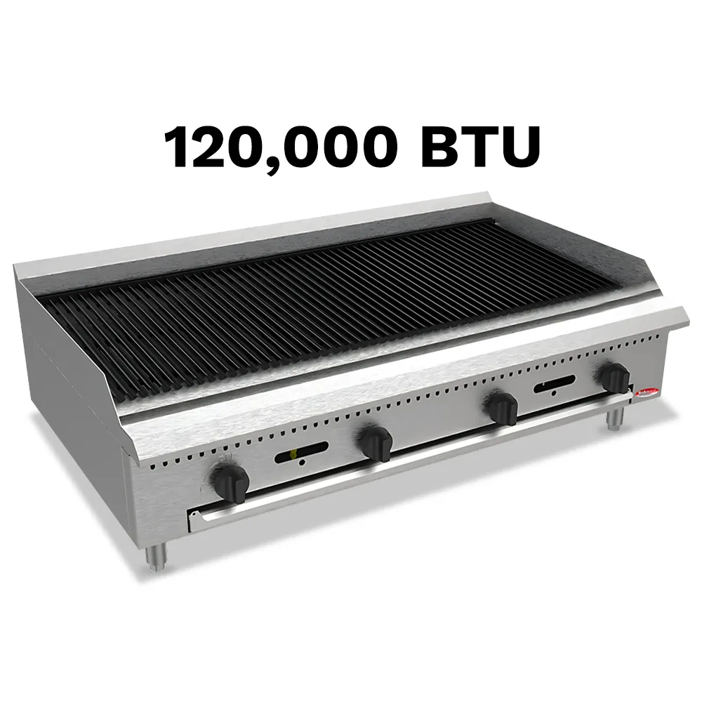 BakeMax 48 inch countertop natural gas charbroiler with multiple burners, perfect for high-volume grilling with signature char flavor and durability.