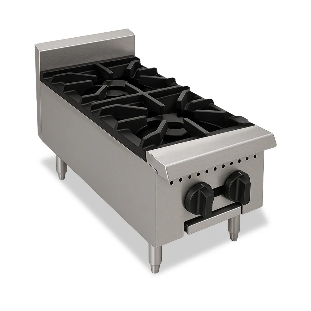 BakeMax Two-burner gas hotplate with manual controls and slim footprint, perfect for small kitchens needing reliable stovetop use every day.